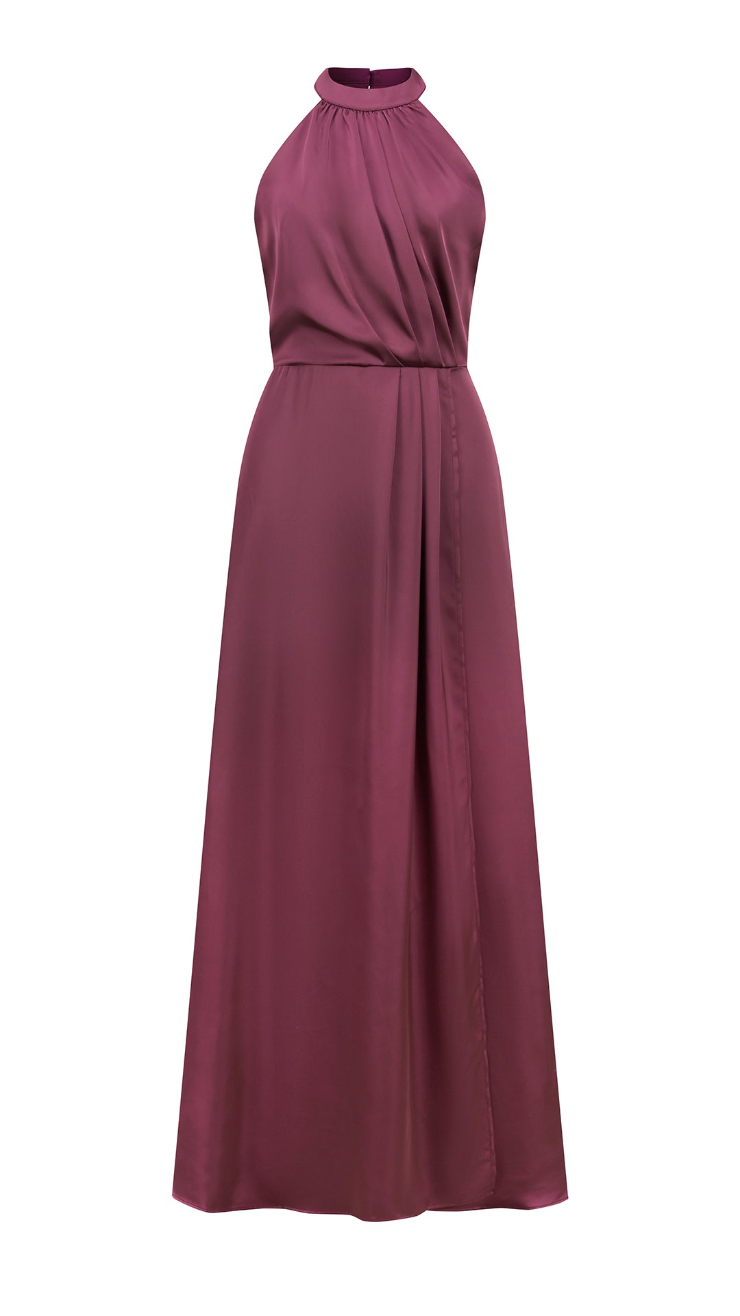 Abito lungo elegante con scollo a collo alto, senza maniche, in raso fluido, per cerimonie e occasioni speciali