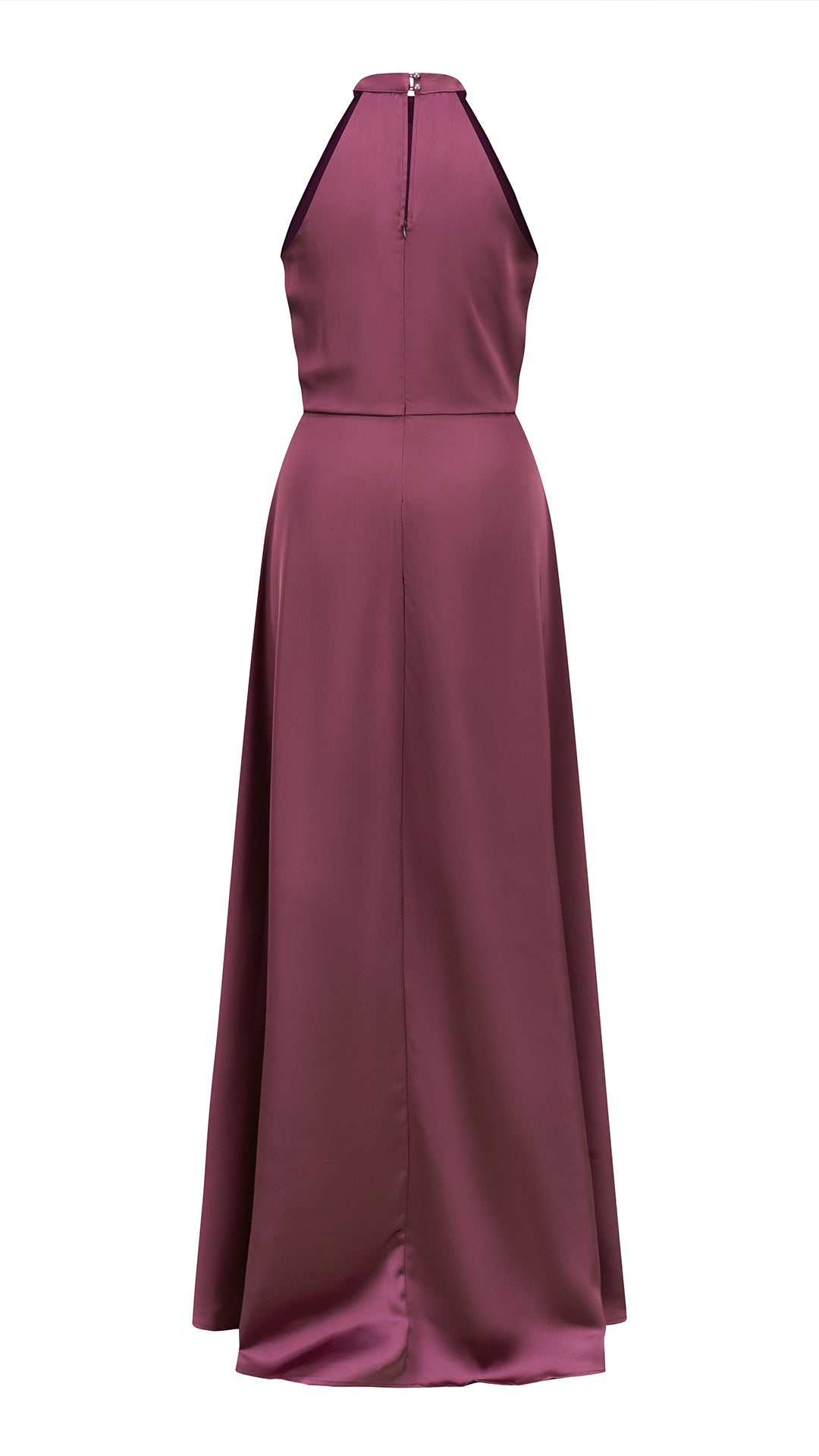 Abito lungo elegante con scollo a collo alto, senza maniche, in raso fluido, per cerimonie e occasioni speciali