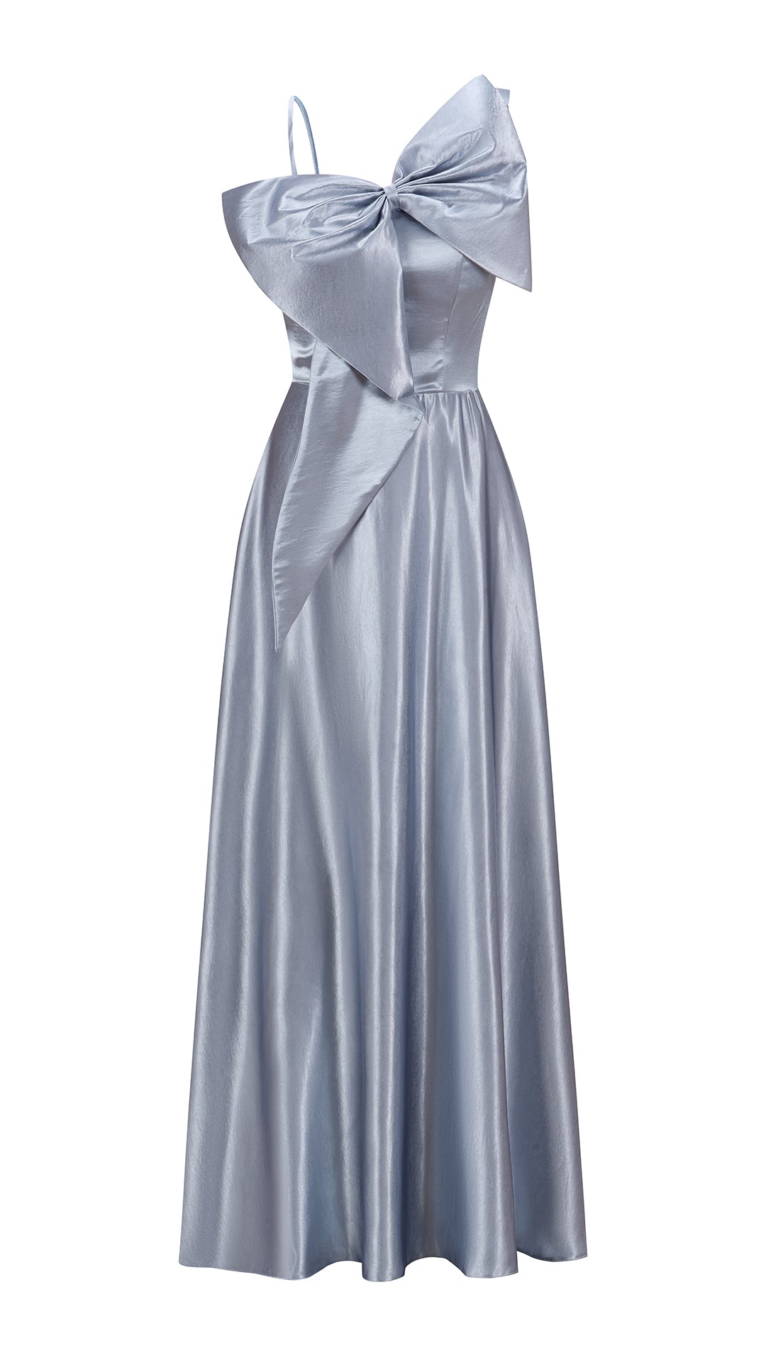 Vestito Lungo Satin Donna Spallina Singola con Maxi Fiocco, Abito Elegante da Cerimonia e Festa Smanicato