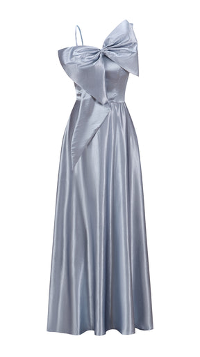 Vestito Lungo Satin Donna Spallina Singola con Maxi Fiocco, Abito Elegante da Cerimonia e Festa Smanicato