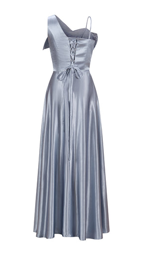Vestito Lungo Satin Donna Spallina Singola con Maxi Fiocco, Abito Elegante da Cerimonia e Festa Smanicato