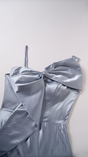 Vestito Lungo Satin Donna Spallina Singola con Maxi Fiocco, Abito Elegante da Cerimonia e Festa Smanicato