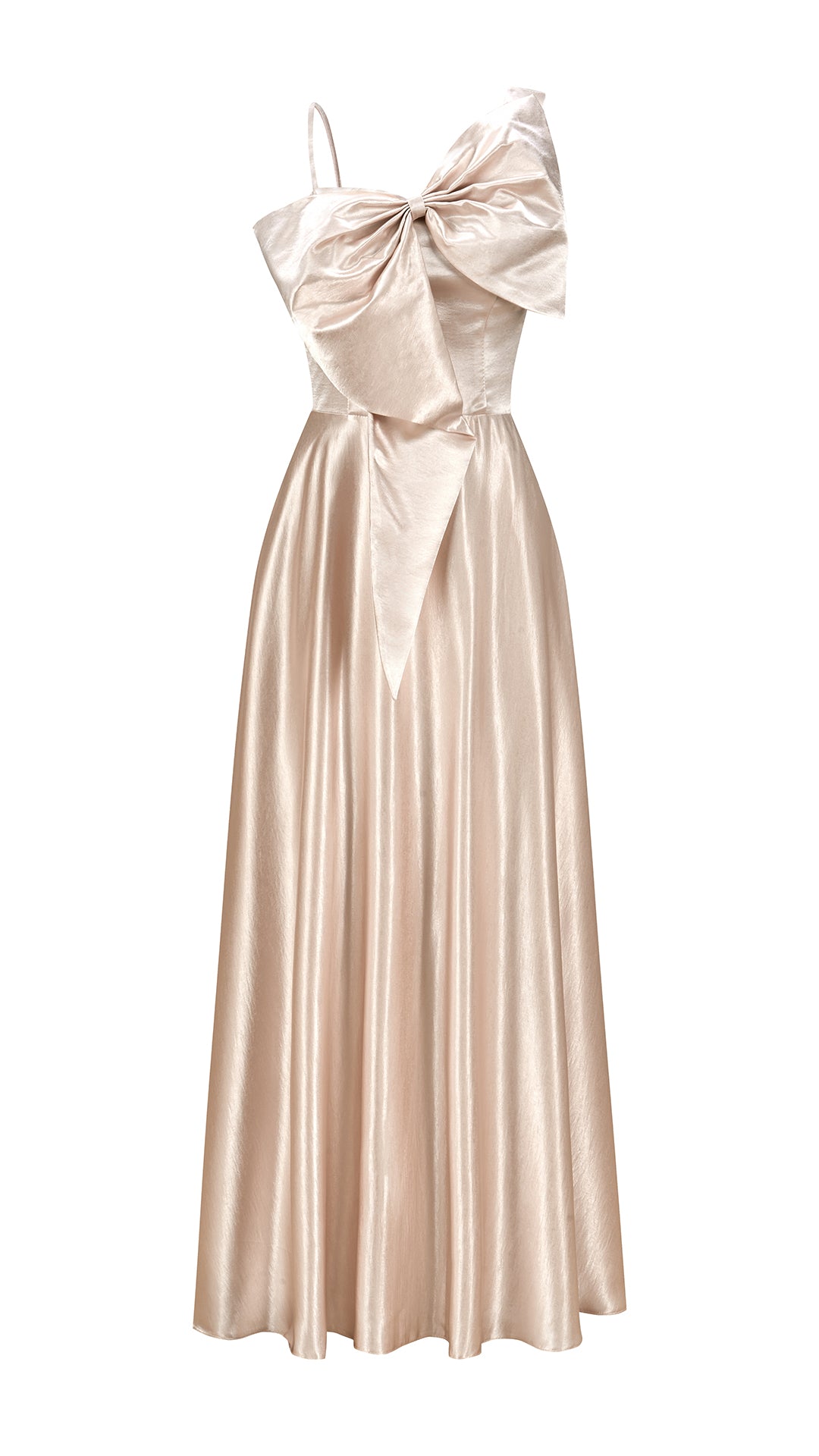 Vestito Lungo Satin Donna Spallina Singola con Maxi Fiocco, Abito Elegante da Cerimonia e Festa Smanicato