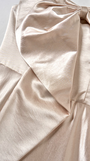 Vestito Lungo Satin Donna Spallina Singola con Maxi Fiocco, Abito Elegante da Cerimonia e Festa Smanicato