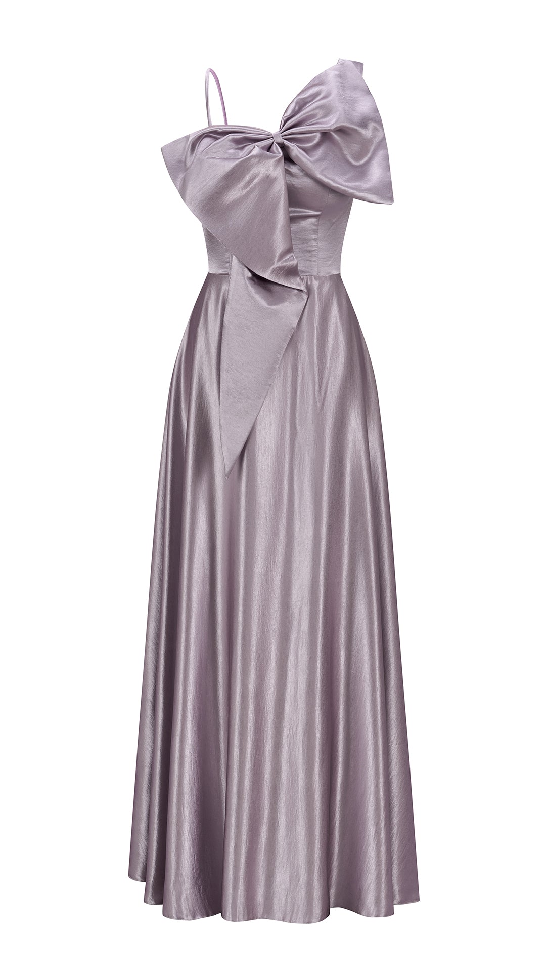 Vestito Lungo Satin Donna Spallina Singola con Maxi Fiocco, Abito Elegante da Cerimonia e Festa Smanicato