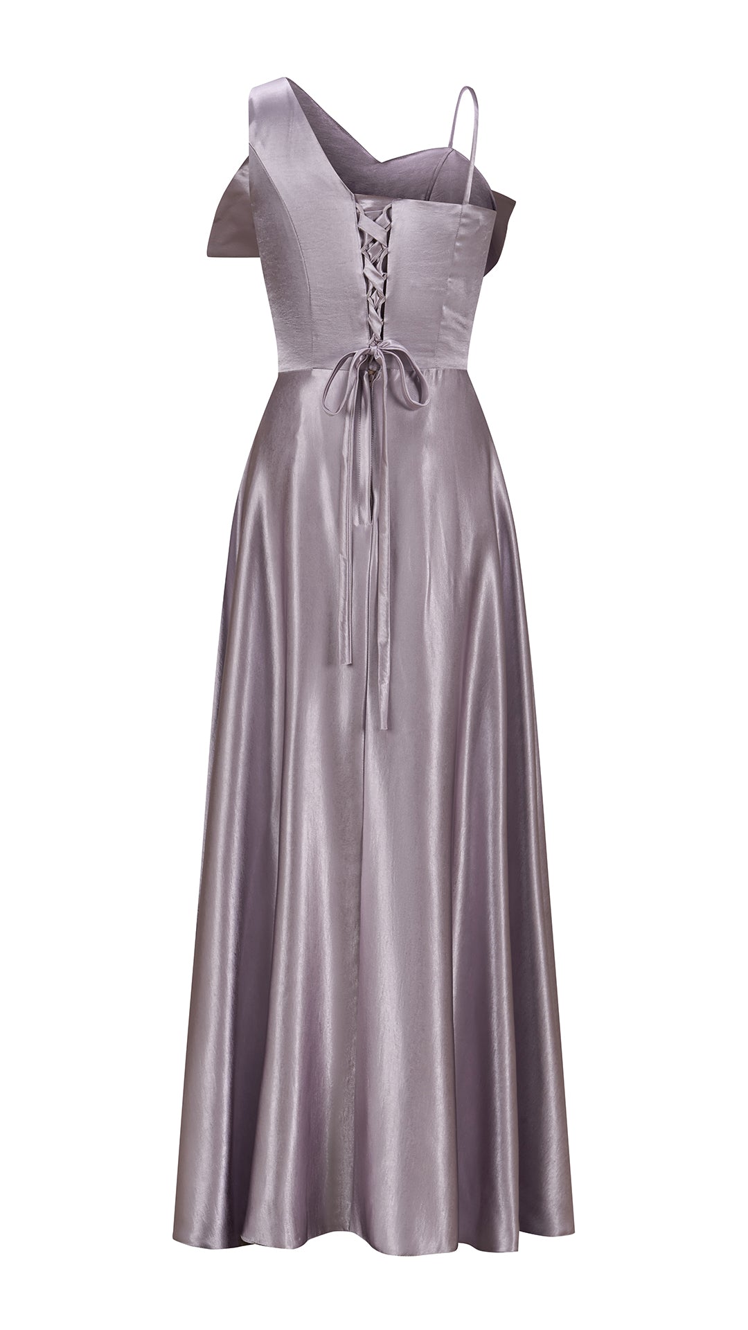 Vestito Lungo Satin Donna Spallina Singola con Maxi Fiocco, Abito Elegante da Cerimonia e Festa Smanicato