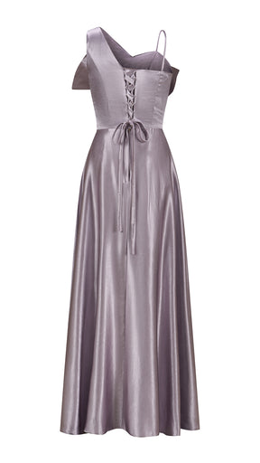 Vestito Lungo Satin Donna Spallina Singola con Maxi Fiocco, Abito Elegante da Cerimonia e Festa Smanicato