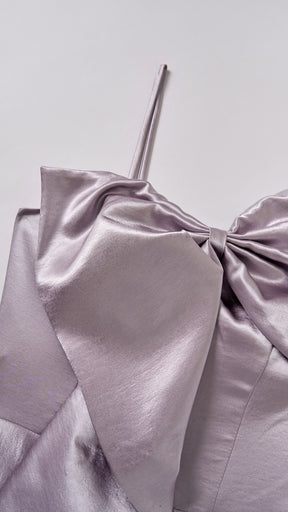 Vestito Lungo Satin Donna Spallina Singola con Maxi Fiocco, Abito Elegante da Cerimonia e Festa Smanicato
