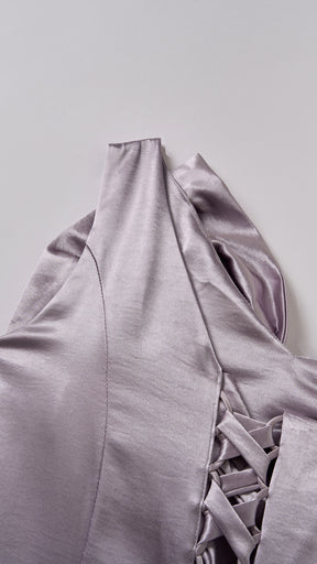 Vestito Lungo Satin Donna Spallina Singola con Maxi Fiocco, Abito Elegante da Cerimonia e Festa Smanicato