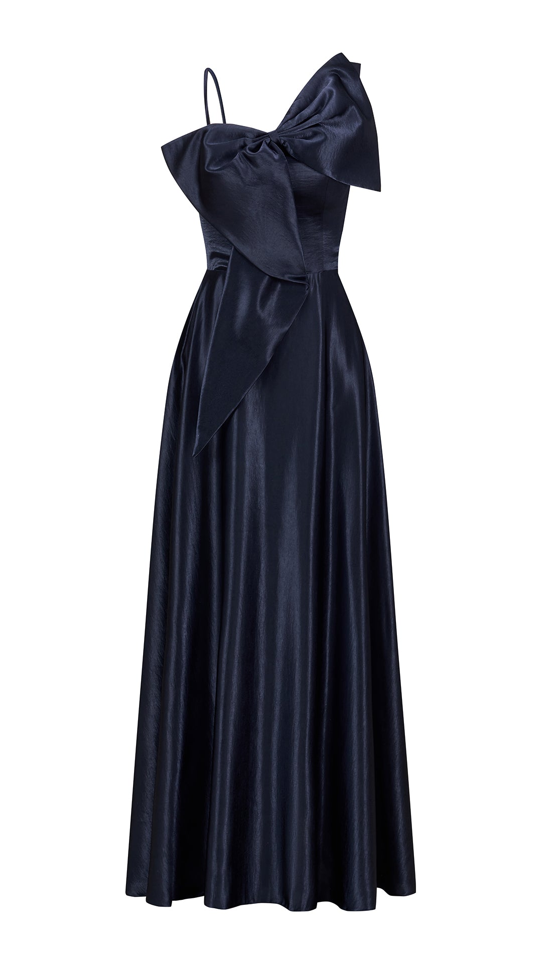 Vestito Lungo Satin Donna Spallina Singola con Maxi Fiocco, Abito Elegante da Cerimonia e Festa Smanicato