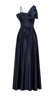 Vestito Lungo Satin Donna Spallina Singola con Maxi Fiocco, Abito Elegante da Cerimonia e Festa Smanicato