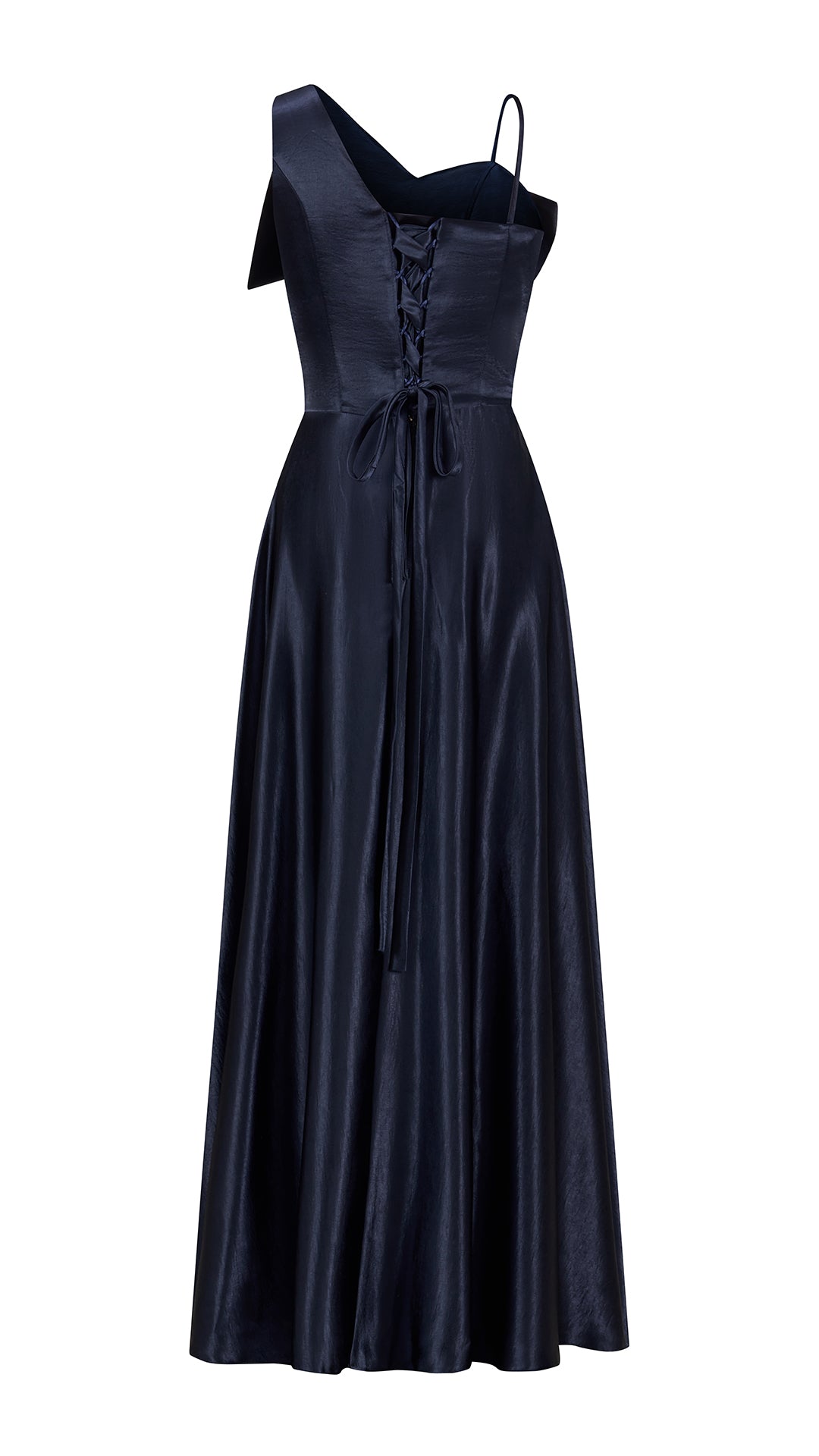 Vestito Lungo Satin Donna Spallina Singola con Maxi Fiocco, Abito Elegante da Cerimonia e Festa Smanicato
