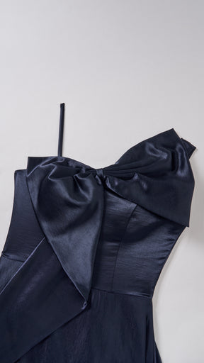Vestito Lungo Satin Donna Spallina Singola con Maxi Fiocco, Abito Elegante da Cerimonia e Festa Smanicato