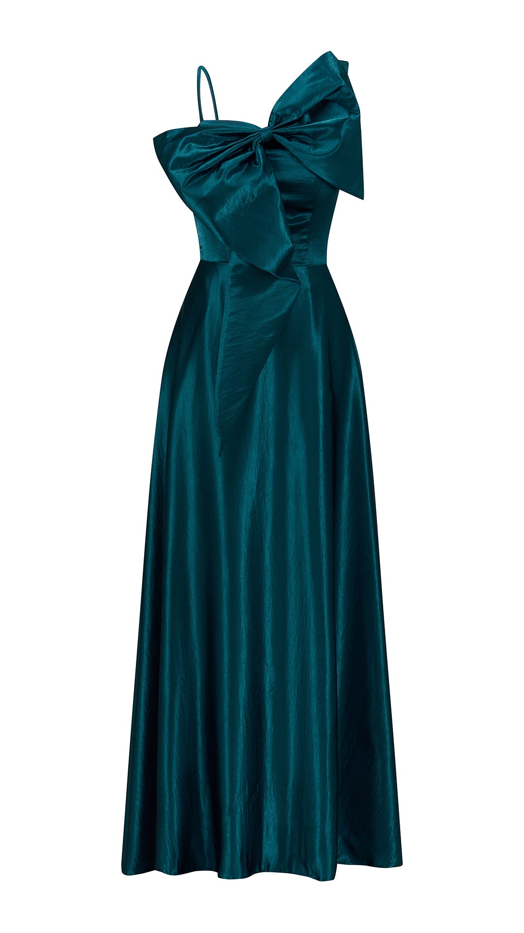 Vestito Lungo Satin Donna Spallina Singola con Maxi Fiocco, Abito Elegante da Cerimonia e Festa Smanicato