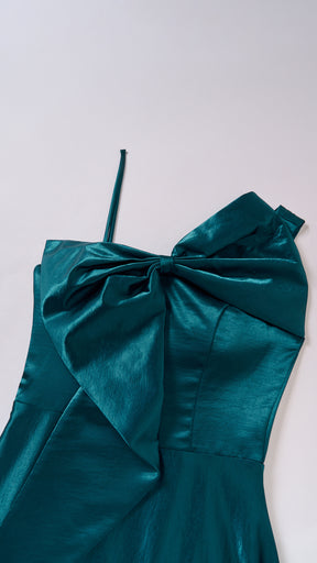 Vestito Lungo Satin Donna Spallina Singola con Maxi Fiocco, Abito Elegante da Cerimonia e Festa Smanicato