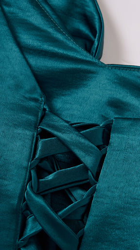 Vestito Lungo Satin Donna Spallina Singola con Maxi Fiocco, Abito Elegante da Cerimonia e Festa Smanicato