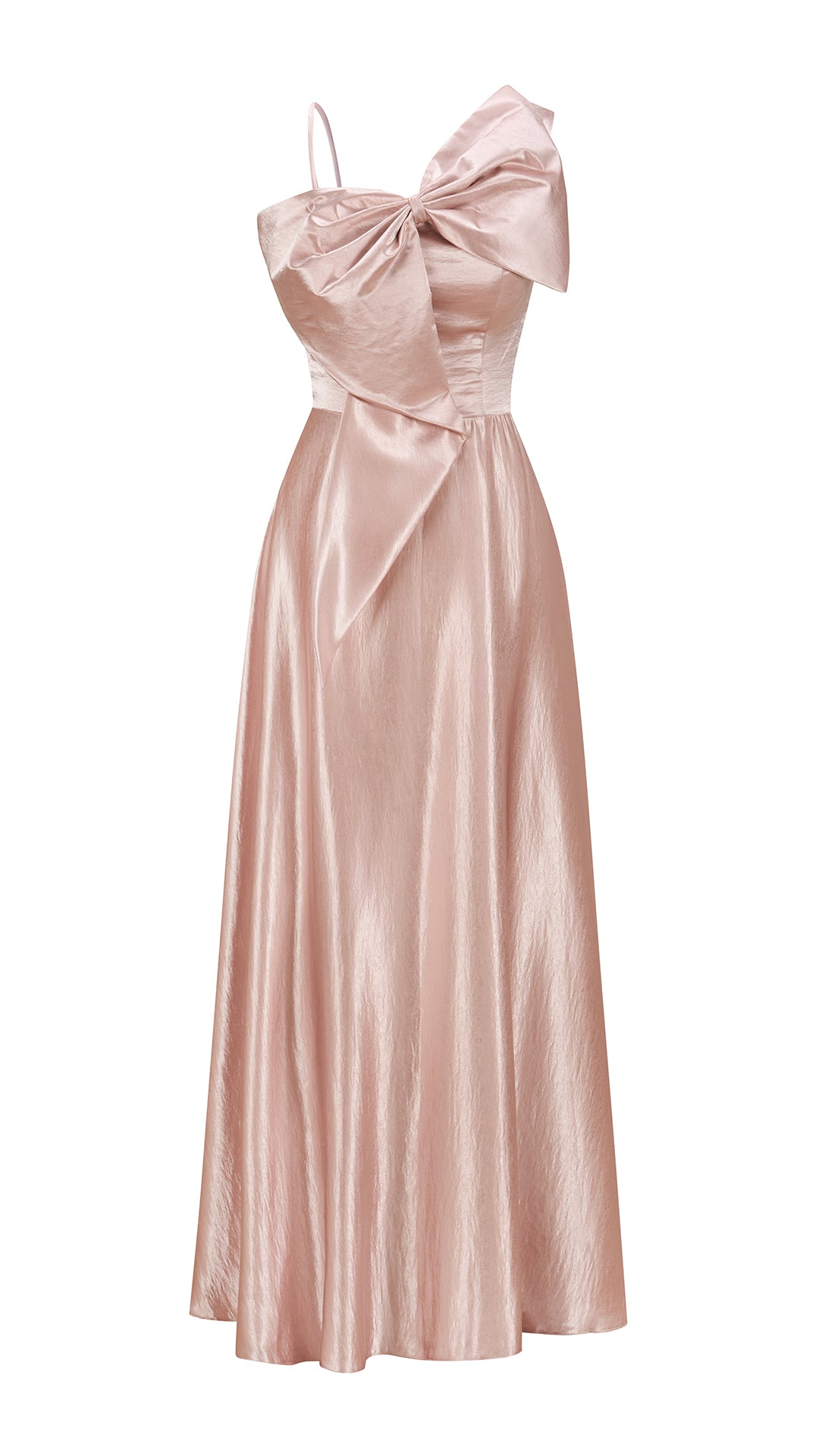 Vestito Lungo Satin Donna Spallina Singola con Maxi Fiocco, Abito Elegante da Cerimonia e Festa Smanicato