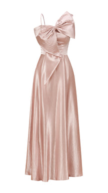 Vestito Lungo Satin Donna Spallina Singola con Maxi Fiocco, Abito Elegante da Cerimonia e Festa Smanicato