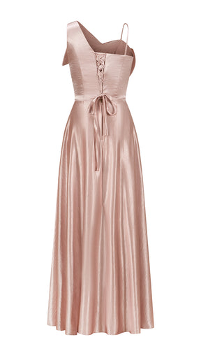Vestito Lungo Satin Donna Spallina Singola con Maxi Fiocco, Abito Elegante da Cerimonia e Festa Smanicato