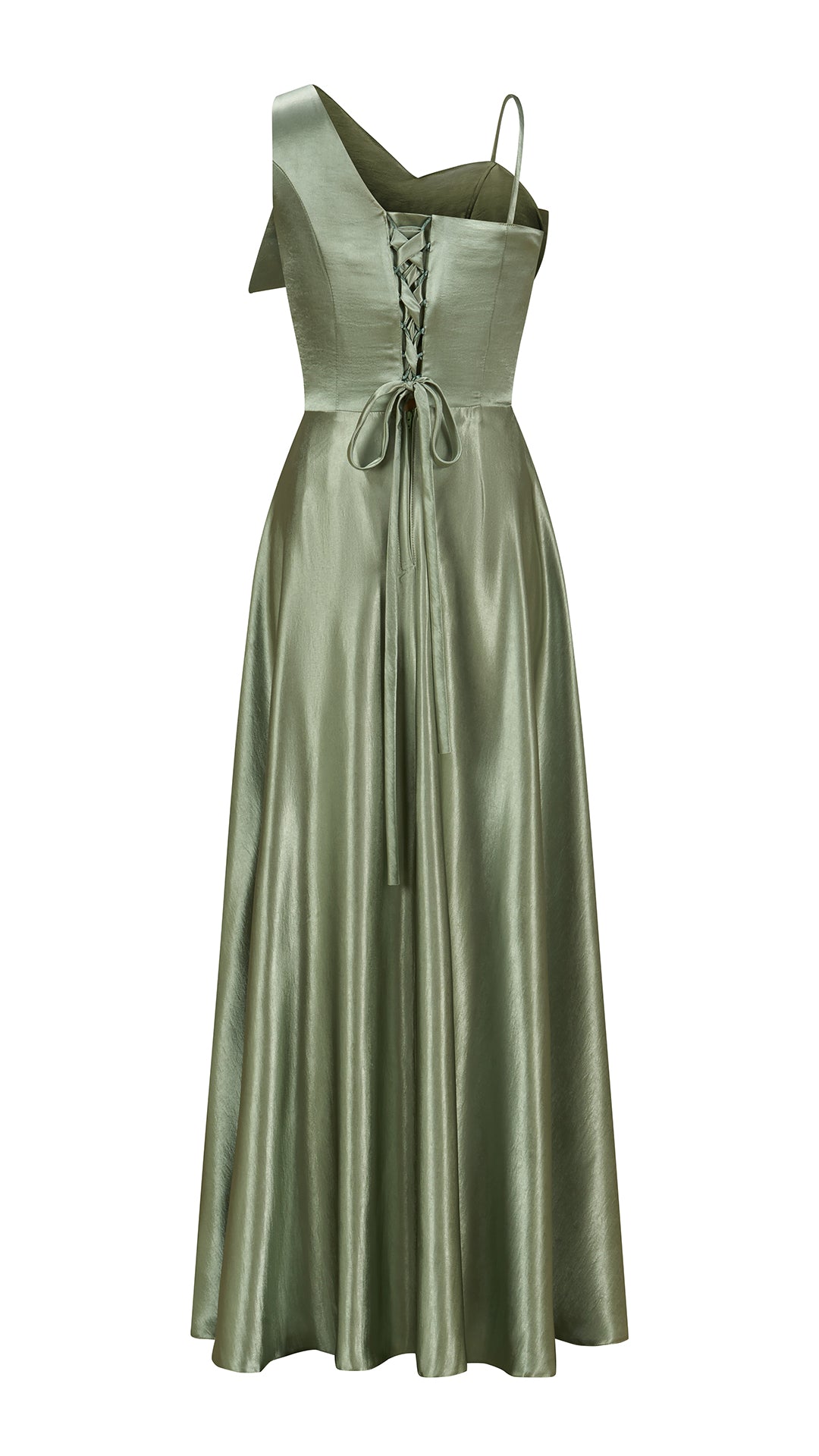 Vestito Lungo Satin Donna Spallina Singola con Maxi Fiocco, Abito Elegante da Cerimonia e Festa Smanicato