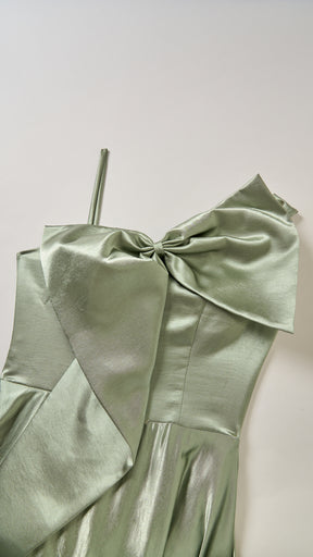 Vestito Lungo Satin Donna Spallina Singola con Maxi Fiocco, Abito Elegante da Cerimonia e Festa Smanicato