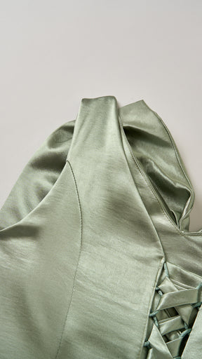 Vestito Lungo Satin Donna Spallina Singola con Maxi Fiocco, Abito Elegante da Cerimonia e Festa Smanicato