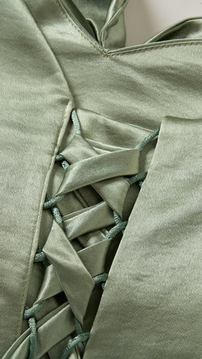 Vestito Lungo Satin Donna Spallina Singola con Maxi Fiocco, Abito Elegante da Cerimonia e Festa Smanicato