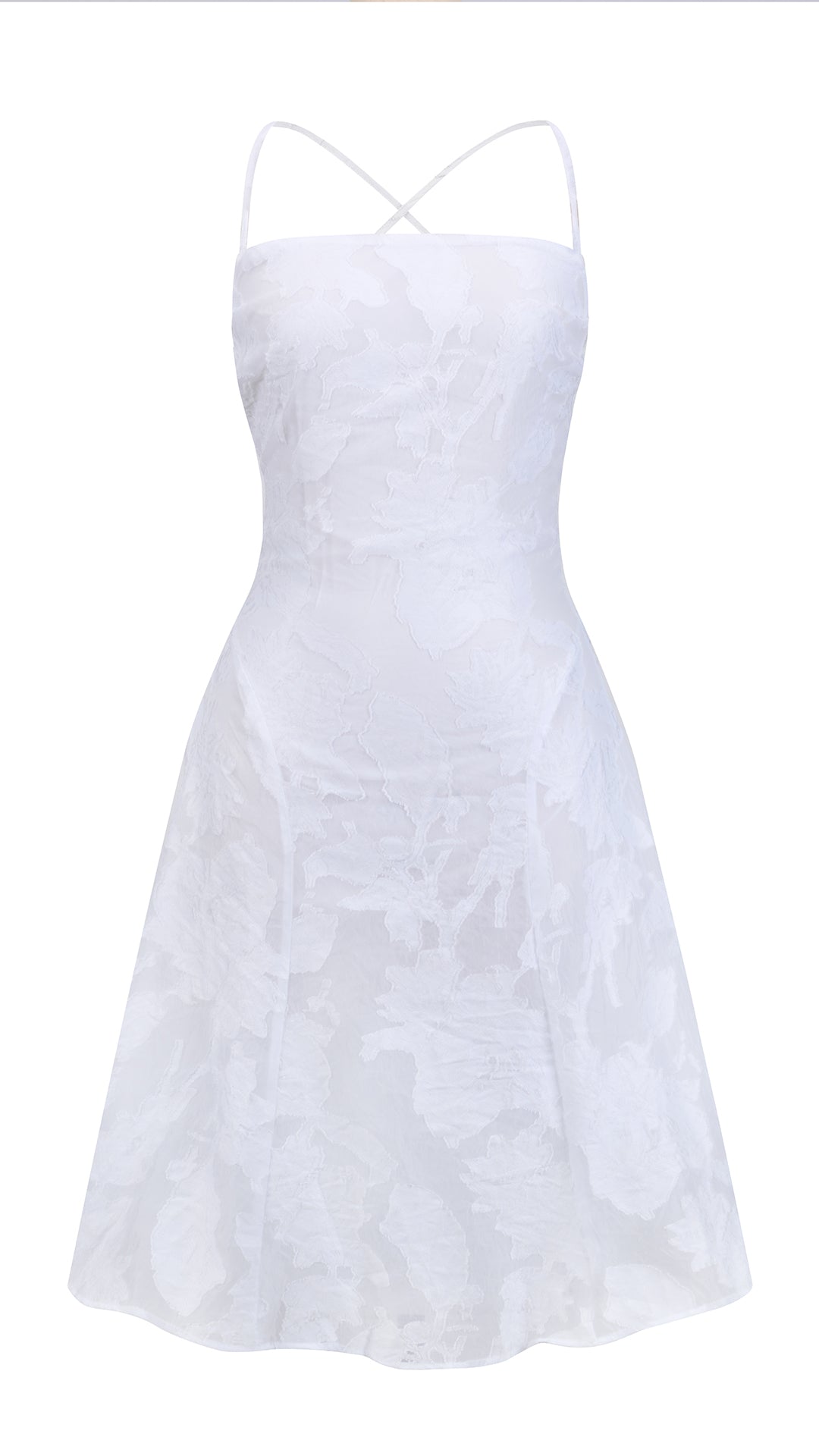 Abito corto elegante a spalline sottili con scollo a fascia, tessuto jacquard floreale e dettaglio a croce sul retro