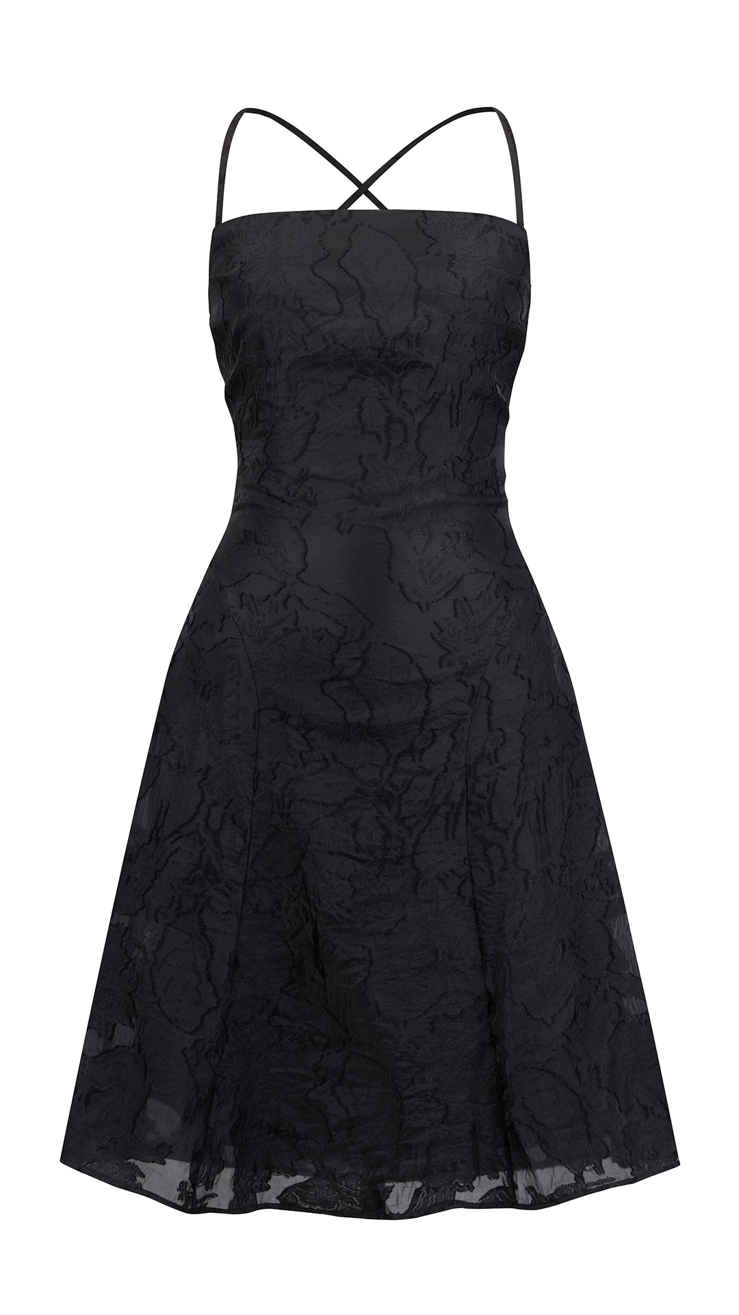 Abito corto elegante a spalline sottili con scollo a fascia, tessuto jacquard floreale e dettaglio a croce sul retro