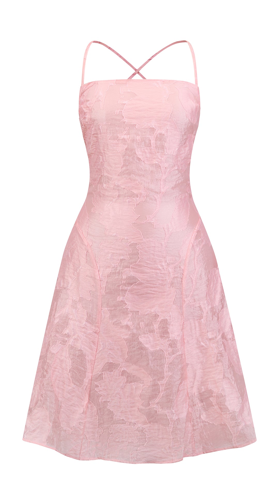 Abito corto elegante a spalline sottili con scollo a fascia, tessuto jacquard floreale e dettaglio a croce sul retro