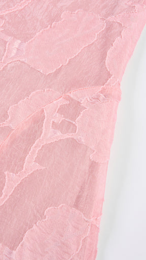 Abito corto elegante a spalline sottili con scollo a fascia, tessuto jacquard floreale e dettaglio a croce sul retro