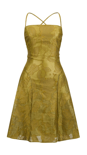 Abito corto elegante a spalline sottili con scollo a fascia, tessuto jacquard floreale e dettaglio a croce sul retro