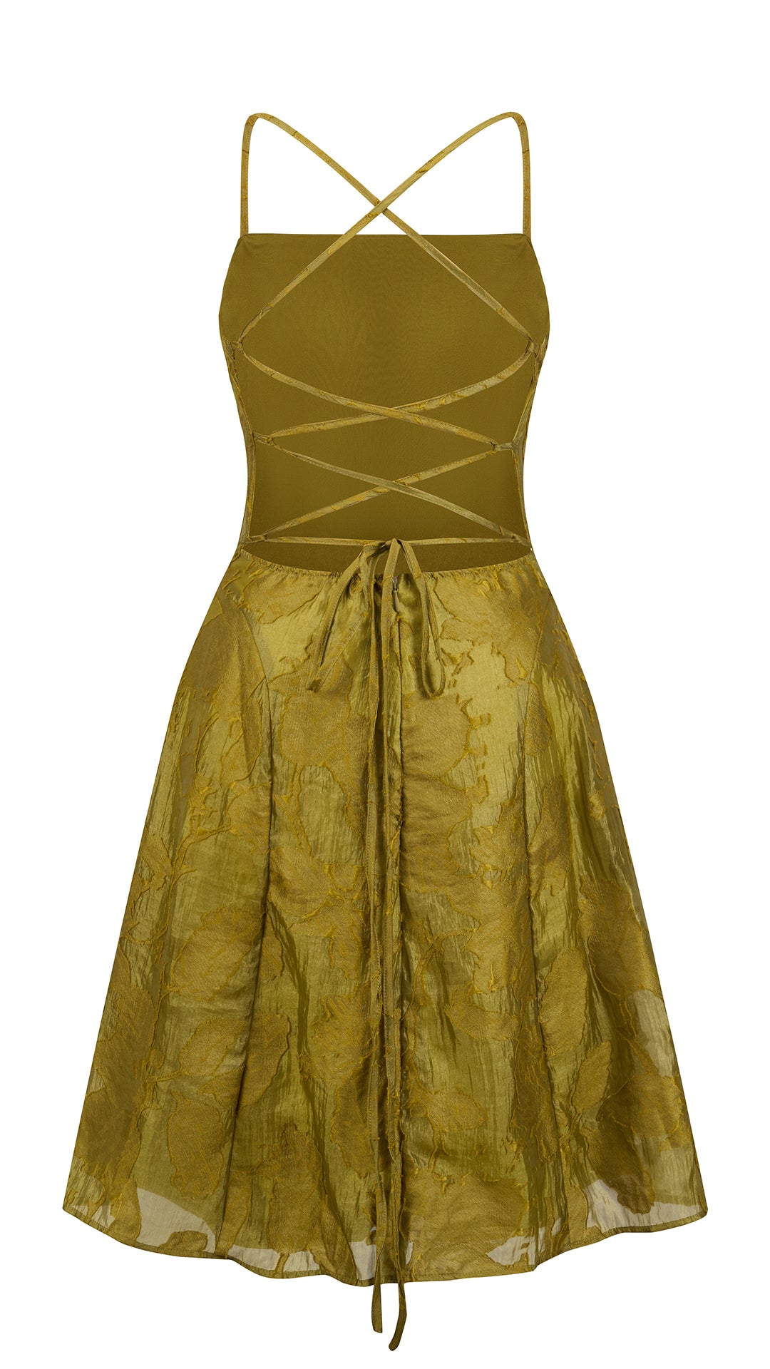 Abito corto elegante a spalline sottili con scollo a fascia, tessuto jacquard floreale e dettaglio a croce sul retro
