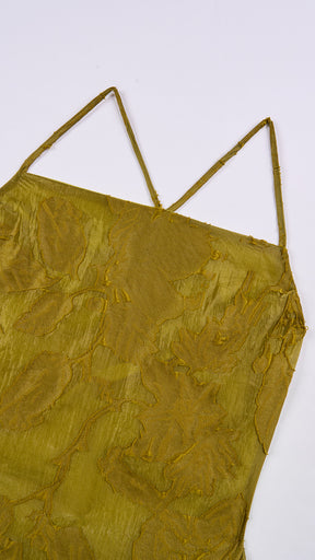Abito corto elegante a spalline sottili con scollo a fascia, tessuto jacquard floreale e dettaglio a croce sul retro