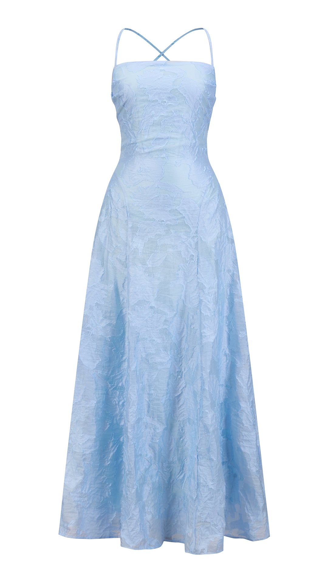 Abito midi elegante a spalline sottili con scollo a fascia, tessuto jacquard floreale e dettaglio a croce sul retro