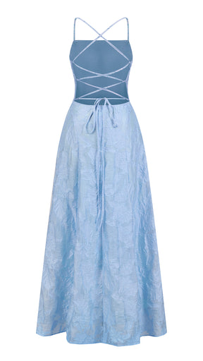 Abito midi elegante a spalline sottili con scollo a fascia, tessuto jacquard floreale e dettaglio a croce sul retro