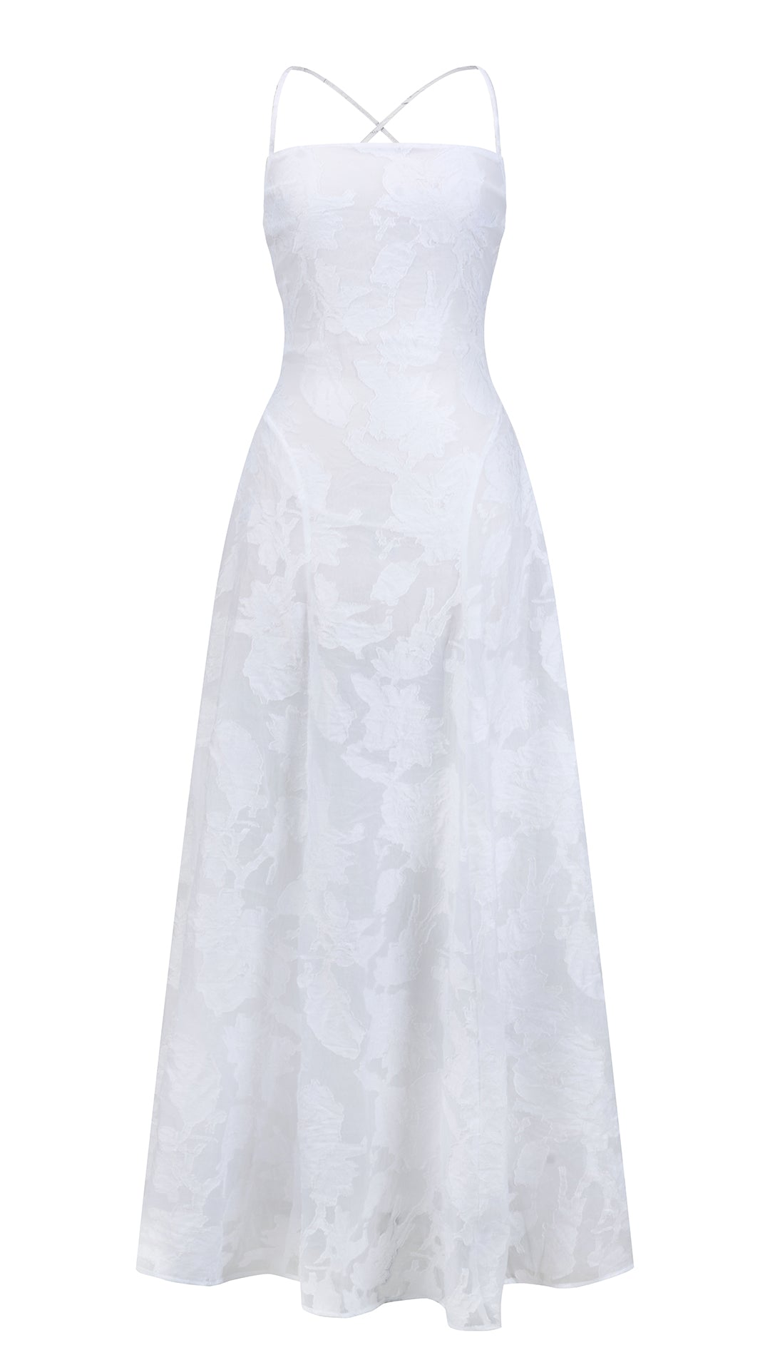Abito midi elegante a spalline sottili con scollo a fascia, tessuto jacquard floreale e dettaglio a croce sul retro
