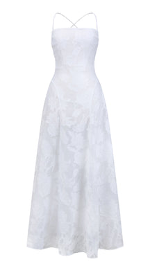 Abito midi elegante a spalline sottili con scollo a fascia, tessuto jacquard floreale e dettaglio a croce sul retro