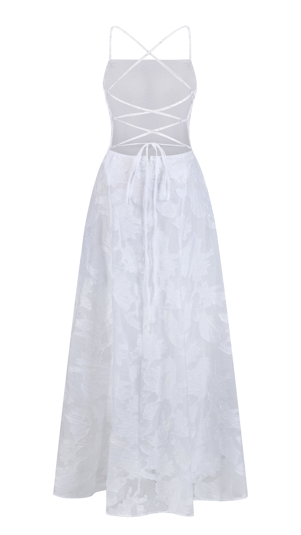 Abito midi elegante a spalline sottili con scollo a fascia, tessuto jacquard floreale e dettaglio a croce sul retro（副本）