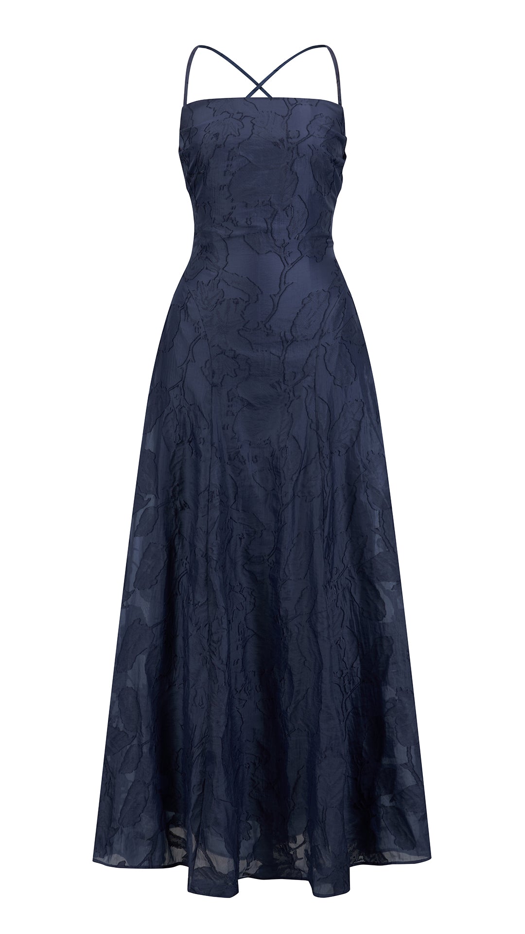 Abito midi elegante a spalline sottili con scollo a fascia, tessuto jacquard floreale e dettaglio a croce sul retro