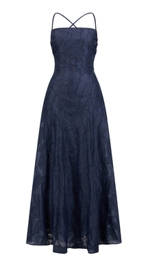 Abito midi elegante a spalline sottili con scollo a fascia, tessuto jacquard floreale e dettaglio a croce sul retro
