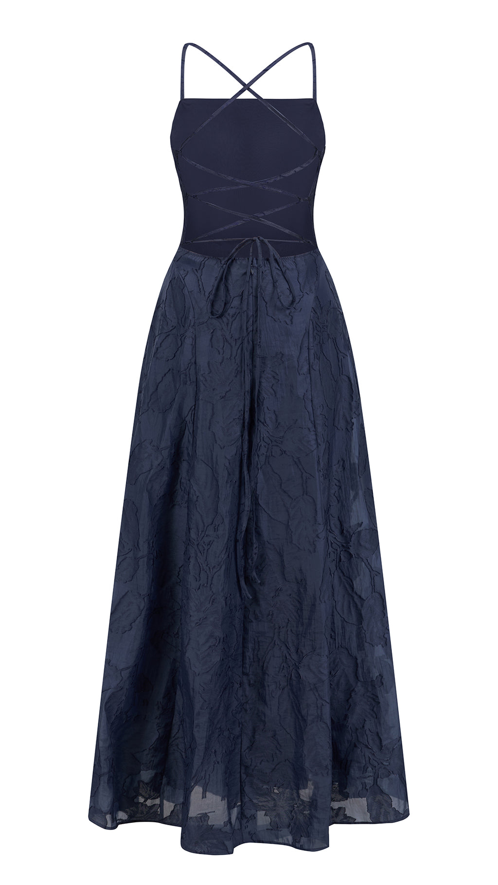 Abito midi elegante a spalline sottili con scollo a fascia, tessuto jacquard floreale e dettaglio a croce sul retro（副本）