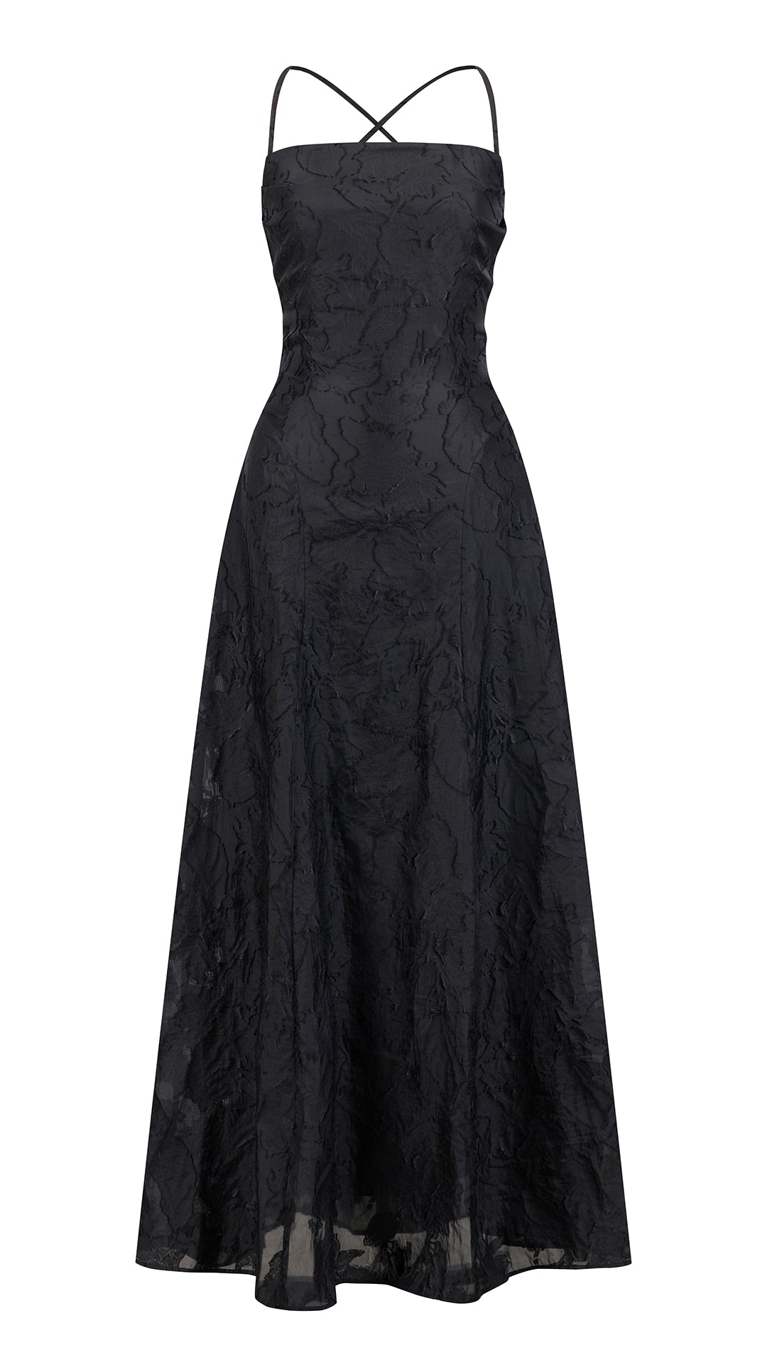 Abito midi elegante a spalline sottili con scollo a fascia, tessuto jacquard floreale e dettaglio a croce sul retro