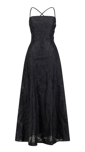 Abito midi elegante a spalline sottili con scollo a fascia, tessuto jacquard floreale e dettaglio a croce sul retro