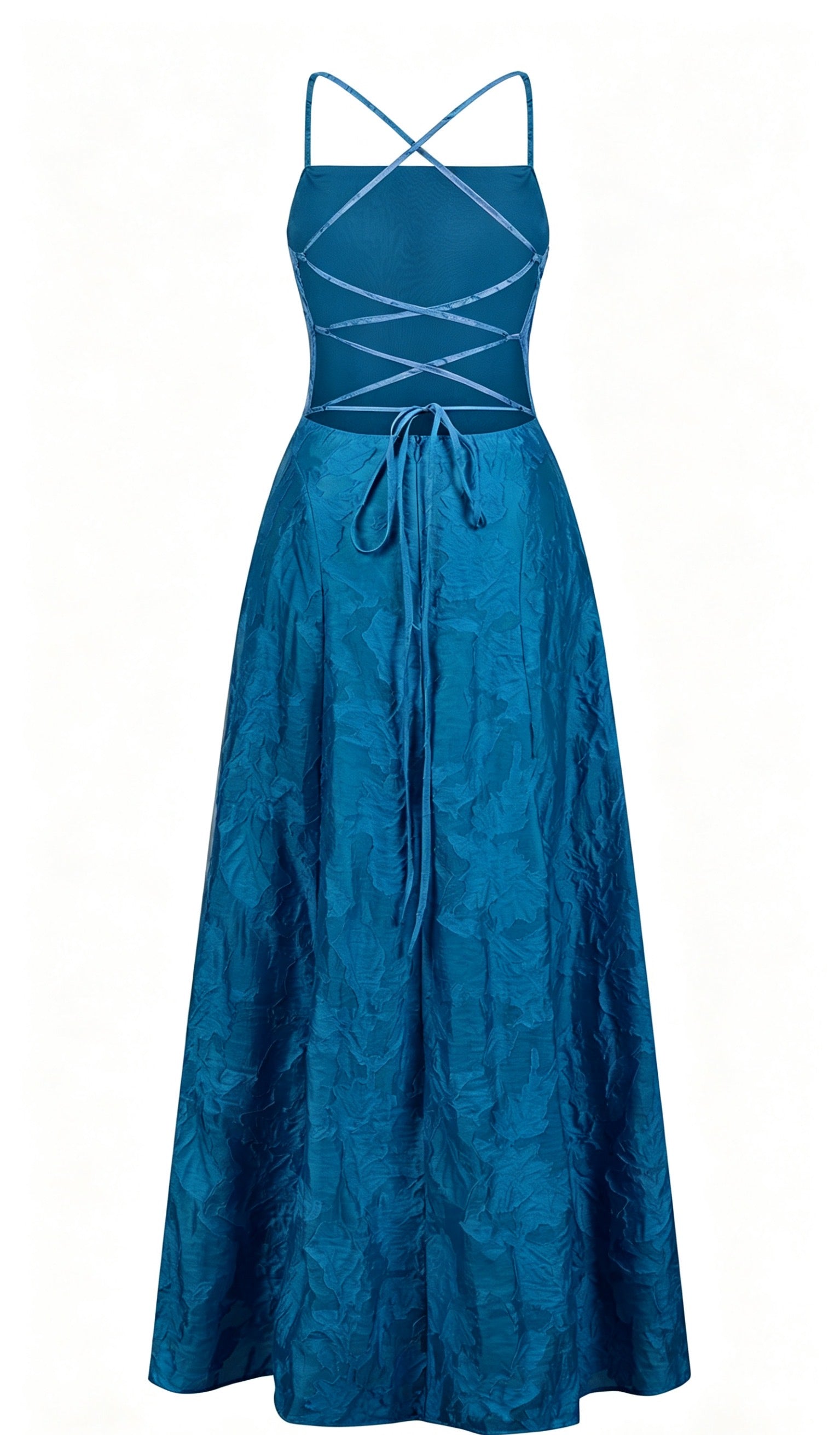 Abito midi elegante a spalline sottili con scollo a fascia, tessuto jacquard floreale e dettaglio a croce sul retro