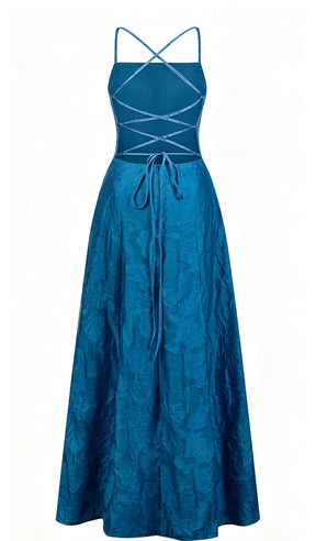 Abito midi elegante a spalline sottili con scollo a fascia, tessuto jacquard floreale e dettaglio a croce sul retro