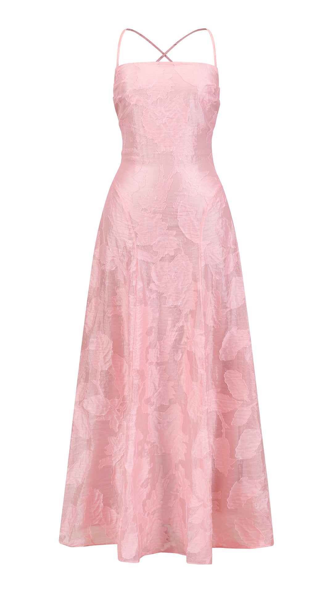 Abito midi elegante a spalline sottili con scollo a fascia, tessuto jacquard floreale e dettaglio a croce sul retro