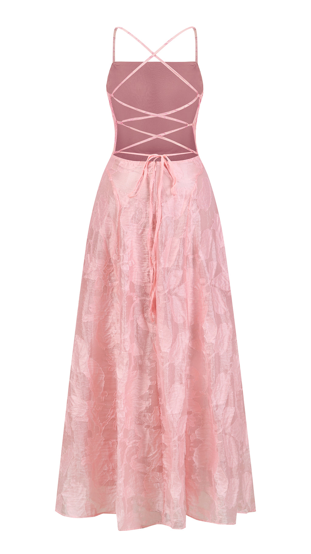 Abito midi elegante a spalline sottili con scollo a fascia, tessuto jacquard floreale e dettaglio a croce sul retro（副本）