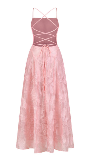 Abito midi elegante a spalline sottili con scollo a fascia, tessuto jacquard floreale e dettaglio a croce sul retro