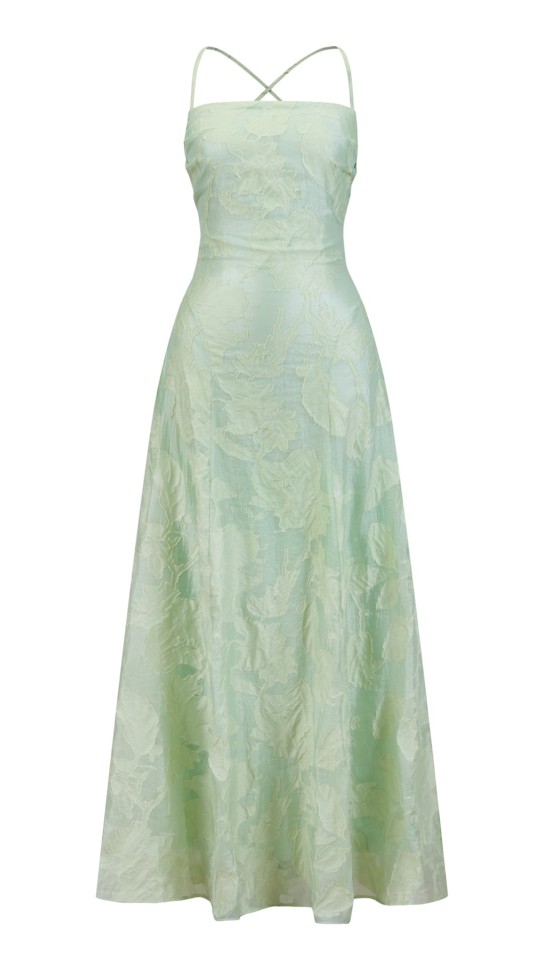 Abito midi elegante a spalline sottili con scollo a fascia, tessuto jacquard floreale e dettaglio a croce sul retro